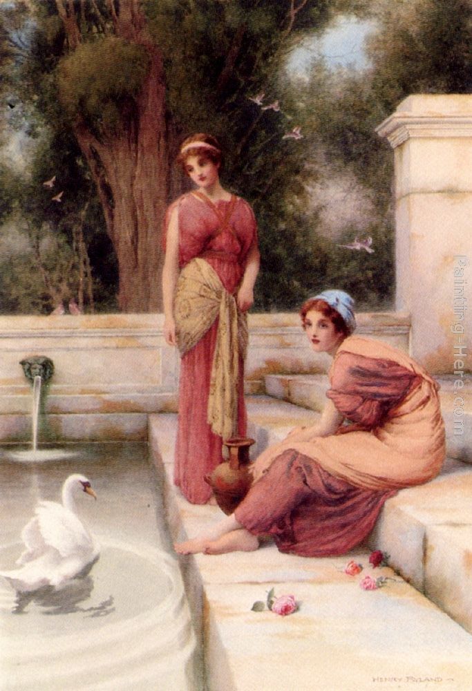 Henry Ryland Two Classical Maidens And A Swan